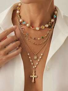 3pcs/Set Vintage Metal Cross Pendant Y-Necklace, Bohemian Style Colorful Crystal Bead Necklace Set, Suitable For Women's Daily And Holiday Wear, Gift For Friends - Yellow Gold - View 2
