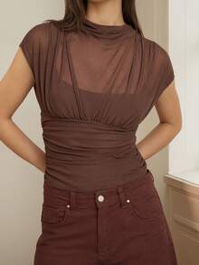 女士半透明立领无袖针织露脐上衣，略带弹性，时尚设计 - 棕色 - 查看 6