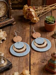 复古木质牛仔蓝色圆形耳环，波西米亚风闪亮牛仔多层独特设计耳环 - 牛仔藍 - 查看 6