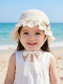 1顶幼儿女童米色蕾丝蝴蝶结遮阳帽，透气防紫外线公主风刺绣儿童帽 - 1PC - 查看 10