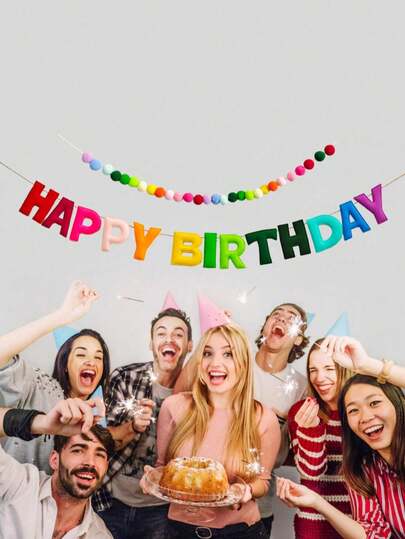 Pre-Strung Happy Birthday Banner, Happy Birthday Banner Set - Felt Ball Garland - Happy Birthday Garland, Rainbow Birthday Decorations, Happy Birthday Sign For Birthday Decor, Party Decor, Photo Prop, 1(Birthday) + 28(Pom Balls)