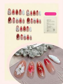 10片装法式花卉亚克力中长杏仁形假指甲套装，包含渐变3D效果、星星/白色珠子/钻石装饰，适用于美甲沙龙、日常佩戴、节日、礼品 - 彩色 - 查看 2