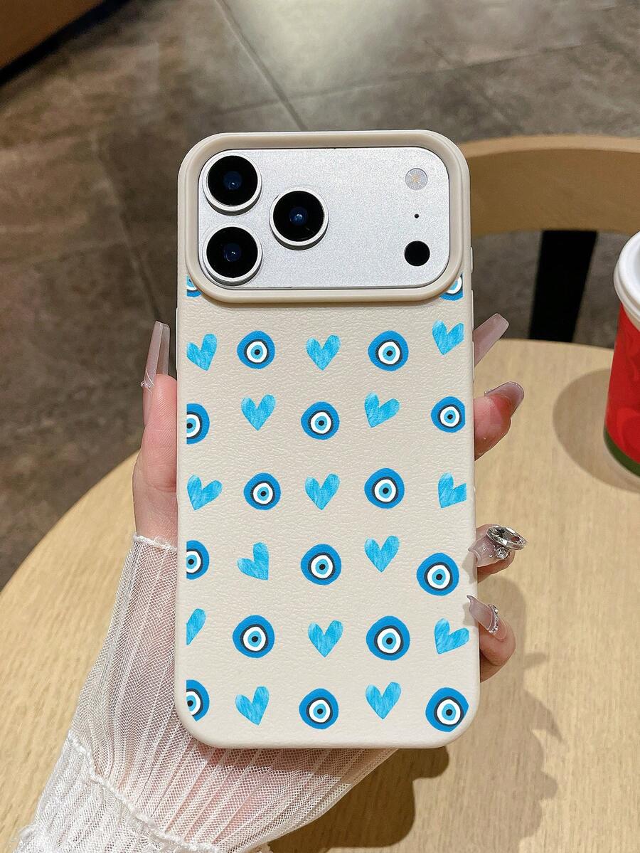 蓝眼睛和蓝心纹理皮革软手机壳，防刮擦，防指纹，优雅保护套，波西米亚幸运符风格，母亲节/生日/节日理想礼物，兼容 - 白色 - 查看 1