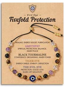 1件复活节篮子填充物礼物 辟邪眼手链 疗愈石 女士复活节彩蛋填充物 洗礼生日饰品 透明石英、紫水晶、碧玺、虎眼石 送给朋友、姐妹、妈妈 - 金色 - 查看 1