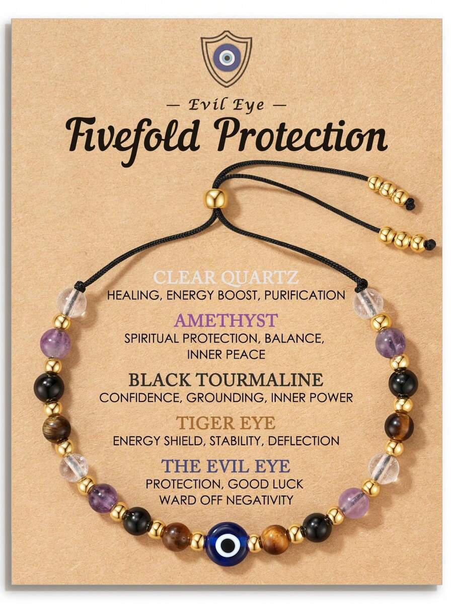 1件复活节篮子填充物礼物 辟邪眼手链 疗愈石 女士复活节彩蛋填充物 洗礼生日饰品 透明石英、紫水晶、碧玺、虎眼石 送给朋友、姐妹、妈妈 - 金色 - 查看 1