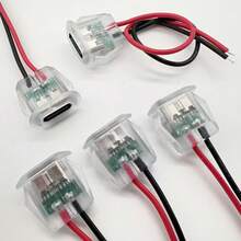 5/10 piezas Adaptador plano transparente iluminado de Tipo-C de 2 pines USB, con indicador luminoso verde, conector hembra a macho USB, cable de cobre chapado en estaño rojo y negro que soporta una corriente de 3A, adecuado para proyectos de manualidades DIY - transparente - Ver 5