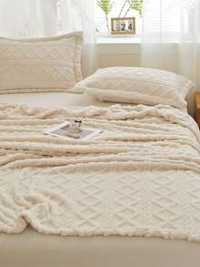 1 件柔软亲肤的灰褐色天鹅绒卷边毯，适合卧室和客房使用 - 米白 - 查看 4