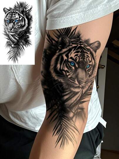 1 hoja de tatuaje temporal de gran tamaño para hombres, estilo realista de animal negro con patrón de tigre y bosque, tatuaje falso impermeable que dura de 2 a 5 días, cubre cicatrices, se puede usar en brazos, muñecas, hombros, piernas, cintura, cuello, mano, pecho, muslos, dedos, adecuado para vestir el Body, vacaciones, regalo, fiesta, festival de música