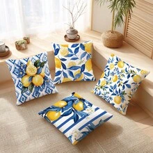 4 pièces Set de simples housses de coussin rayées bleues et citrons pour usage quotidien, en matériau velours pêche imprimé sur un seul côté, tailles 45*45/50*50/40*40CM. Convient pour la décoration minimaliste moderne de salon, cadeau, décoration de fête. - Multicolore - Voir 6