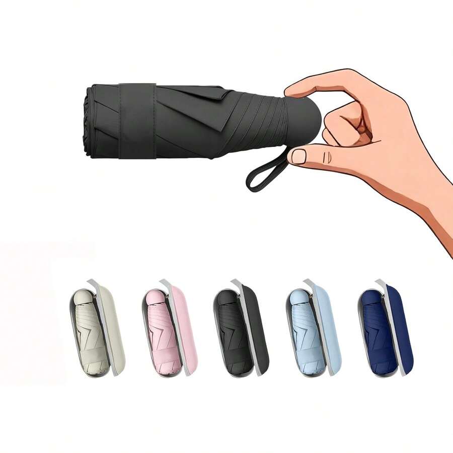 迷你雨伞配钱包式伞套，轻巧便携，可手动开合，防紫外线，适合男女老少，可放入钱包或背包。 - 黑色 - 查看 1