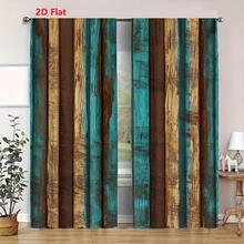 2pcs Weathered Distressed Vertical Wooden Planks Curtains, Teal Turquoise Tan And Chestnut Colors Vintage Rustic Pattern, Polyester Fabric, Light Filtering Privacy Drapes, Industrial Farmhouse Style For Bedroom Living Room Decor, 2D Flat - 彩色 - 查看 3