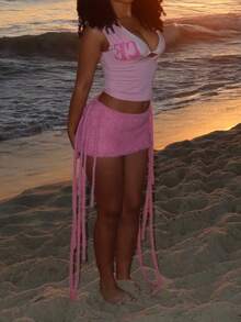 Women Pink Knit Mini Skirt - Side Tie Detail Casual Skirt, Cute Beach Party Bottom For Vacation & Night Out Going Out Clubwear - 粉色 - 查看 2