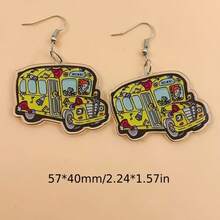 可爱返校季黄色校车耳坠，2D扁平亚克力趣味校车吊坠耳环，适合女性、女孩、学生，节日派对日常穿搭耳饰礼物 - A - 查看 5