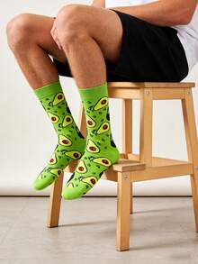 1 双男士绿色底色牛油果图案中筒袜，四季皆宜 - 彩色 - 查看 4