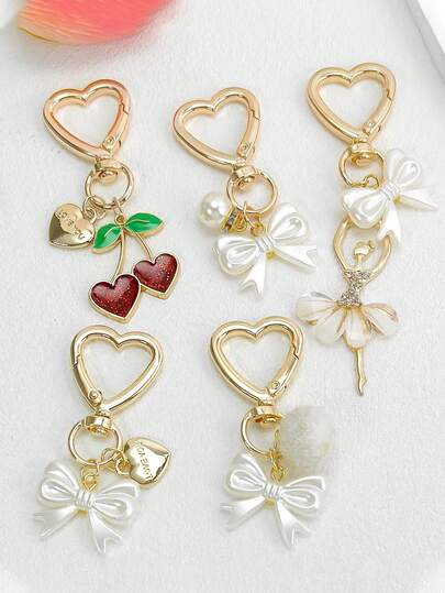 1 pieza Lindo llavero con colgante en forma de corazón con cerezas, llavero de metal con doble corazón, accesorio para bolso de niña