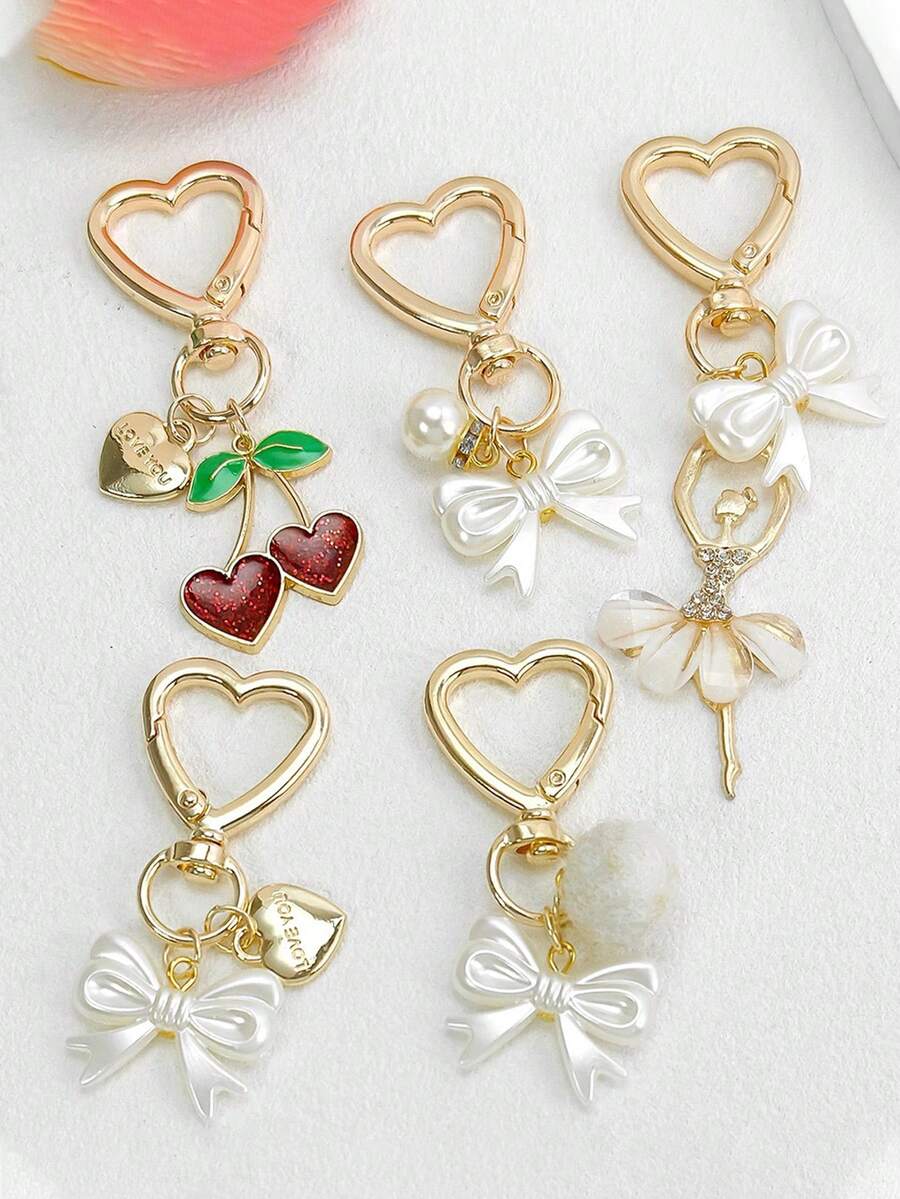 1pc Cute Heart-Shaped Cherry Keychain Pendant, Metal Double Heart Keychain, Girl Bag Charm - Multicolor - View 1