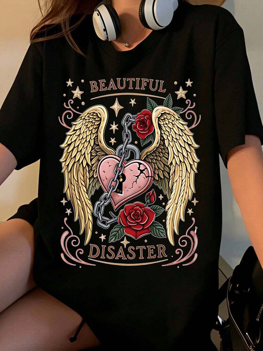 Beautiful Disaster Heart Wings Rose Tattoo Design Graphic T-Shirt For Women Fashion Casual Top Summer Streetwear Style - Black - View 1