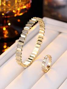 Bộ 2 chiếc vòng tay và nhẫn đính đá Zirconia hình học, phụ kiện thời trang cao cấp độc đáo, trang sức tinh tế đa năng cho công sở và đi làm. - bộ nhẫn vòng tay - Xem 8