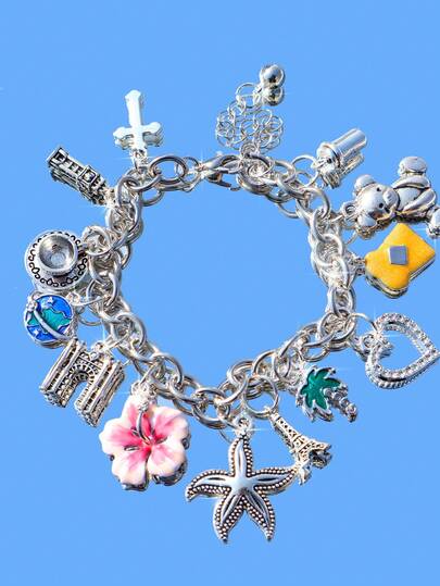 1 pieza Pulsera con dije de flor de cerezo y estrella de mar de vacaciones de verano, pulsera conmemorativa de la torre de café de viaje, pulsera de viaje con globo, pulsera de tostada de café, pulsera retro de corazón cruzado