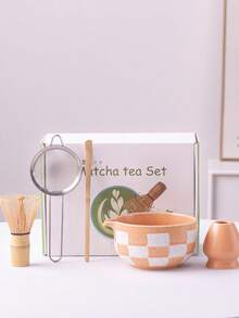 Juego de té matcha de 5 piezas con patrón de tablero de ajedrez, incluye tazón de matcha, soporte para batidor de matcha, cuchara de matcha, batidor de matcha, juego de herramientas de preparación de matcha, caja de regalo con estilo japonés, ideal para amantes del matcha, madres, novias, Acción de Gracias, Navidad - Multicolor - Ver 5