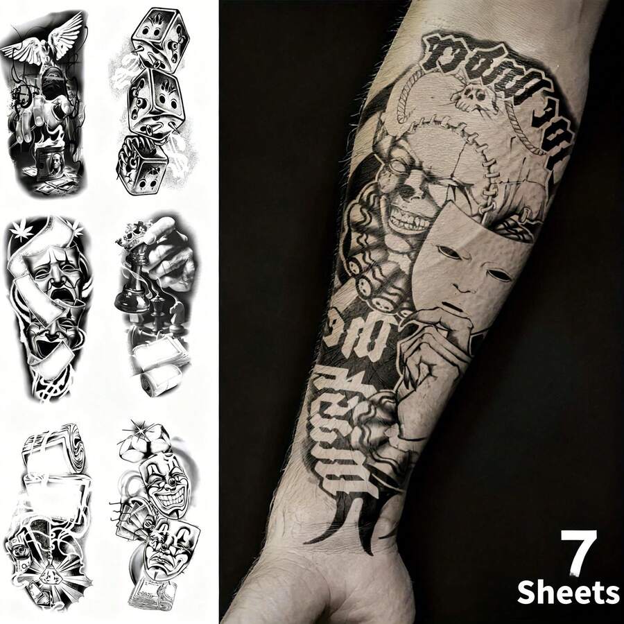 7pcs Chicano Black Temporary Tattoos, Chicano Guadalupe Black Gang Fake Tattoos, Lowrider Style Culture, Waterproof Half Sleeve Fake Tattoos, Mexican Unisex Clown Tattoos, Day Of The Dead, Halloween Gifts!
