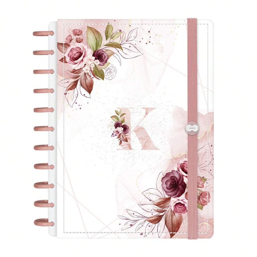 Iscool Smart Disc Notebook, 140 Sheets, Medium + Large + Floral Monogram, Letter K - Blanco y rosa - Ver 1