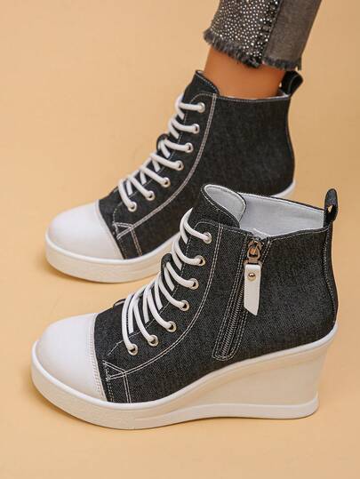 Women's Wedge Platform Sneakers, Polka Dot Casual Lace-Up Shoes With Metal Eyelets And Side Zipper, Sporty Leisure Style For Spring/Autumn