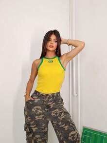 Brazil Women's Tank Top With Embroidered Flag, Ribbed Knit, World Cup Design - 黃色 - 查看 5