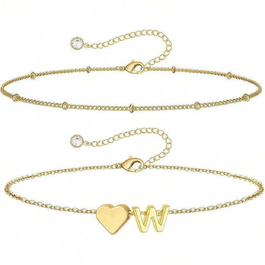 Set Of 1 Gold-Plated Stainless Steel Initial Letter Bracelet With Name Letter, 16 + 5 Cm Ankle, Love Heart Bracelets For Women And Ladies, 43441557 - 橘色 - 查看 1