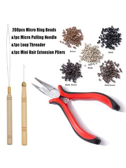 200/500颗微型环珠、1根微型拉针、1个穿环器、1把接发工具套装、1把接发钳、微型硅胶环珠装置工具套装，适用于专业美发造型工具配件