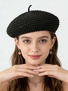 1pc Grass Woven Beret Women's Hollow-Out Breathable Thin Design, Sweet And Cute Versatile Retro Artistic Painter Hat Grass Woven Beret Hat - Multicolor - View 1