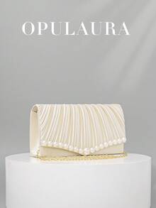 OpulAura 女士优雅缎面仿珍珠手提包，浪漫婚礼手包，精致迷人的晚礼服配饰，褶皱设计，优雅手拿包，适合晚宴、生日派对、节日礼物等正式场合。 - 杏色 - 查看 2