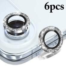 6pcs Silver Shiny Camera Lens Protector Film, Fit For IPhone 17 Pro Max/17 E/17 Pro/17/16 Pro Max/16 Pro/15 Plus/14 Pro/13/12 Mini/11, With Shiny Metal Diamond Ring And 9H Hardness Anti-Scratch Film, Fashionable Accessory, Easy To Use Protective Case - Silver 6Pcs - View 40