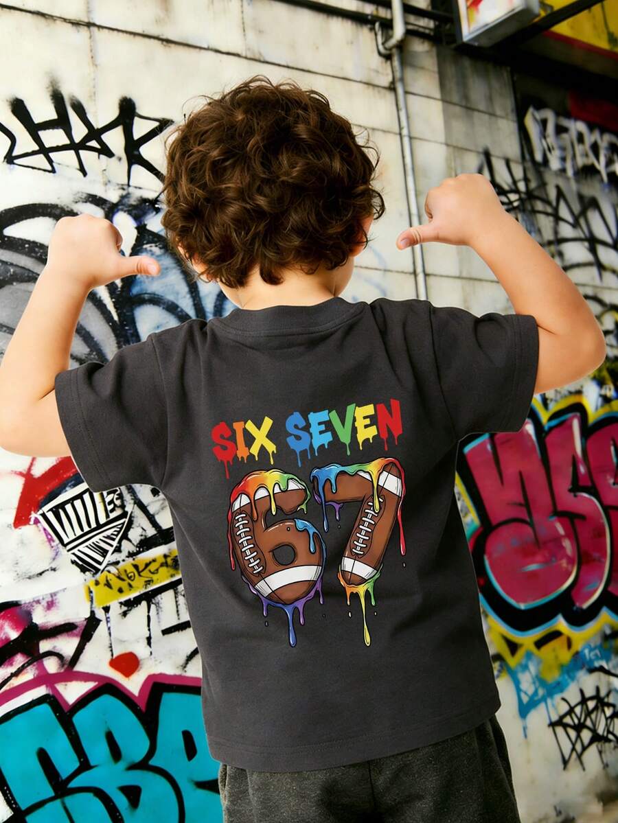 Young Boy Casual Graphic Print Crew Neck Short Sleeve T-Shirt, Summer Top - Dark Grey - View 1