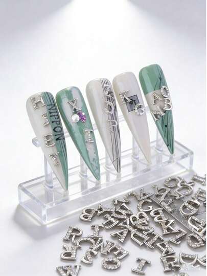 Silver Rhinestone Letter Nail Charms, 26 Letters A-Z Initial Nail Gems, DIY Nail Art Decorations For Acrylic & Gel Nails Luxury Silver Alphabet Nail Charms, Bling Rhinestone Letter Nail Studs, Personalized Initial Nail Art Accessories For Manicure 26 Letters Silver Nail Charms With Rhinestones, A-Z Initial Nail Gems, Nail Art Supplies For Salon & Home DIY Manicure