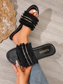 Orange Bohemian Style Tasseled Women's Flat Sandals, Beach Summer Slip-On Slippers - Black - View 3