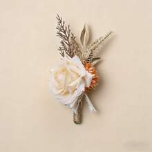1pc Champagne Rose Flower With Golden Leaves Boutonniere, Suitable For Groom, Bride, Groomsman, Bridesmaid For Wedding, Engagement, Party, Banquet And Other Occasions - Multicolor - View 2