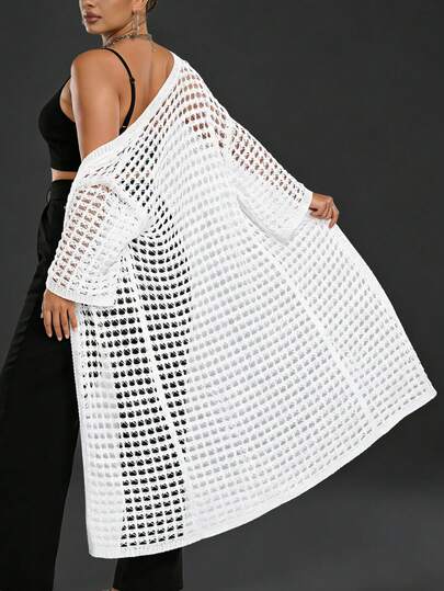 大码女式休闲开襟长款罩衫，镂空细节，半袖落肩设计，沙滩度假薄纱罩衫