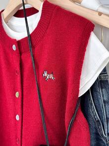 Áo khoác cardigan dệt kim cài nút tương phản màu đỏ cổ điển Wixra, áo không tay thêu hình ngựa dành cho giới trẻ. - Đỏ - Xem 5