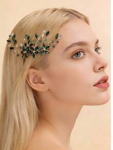 1pc Bestselling Green Crystal & Rhinestone Hair Comb, Golden Rhinestone Bridal Hair Accessory - Green - View 3