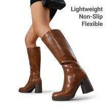 Women's Chunky Block Heeled Knee High Boots Platform Square Toe  Fashionable Solid Color Gogo Boots With Side Zipper - Màu nâu  Mocha - Xem 8