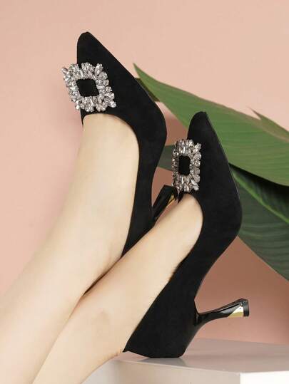 Tacones de aguja de ante negro con rhinestones de alta gama para mujer, puntera afilada y escote bajo, tacón alto sexy de 8.5cm para uso en fiestas, clubes, bodas, oficina y uso diario