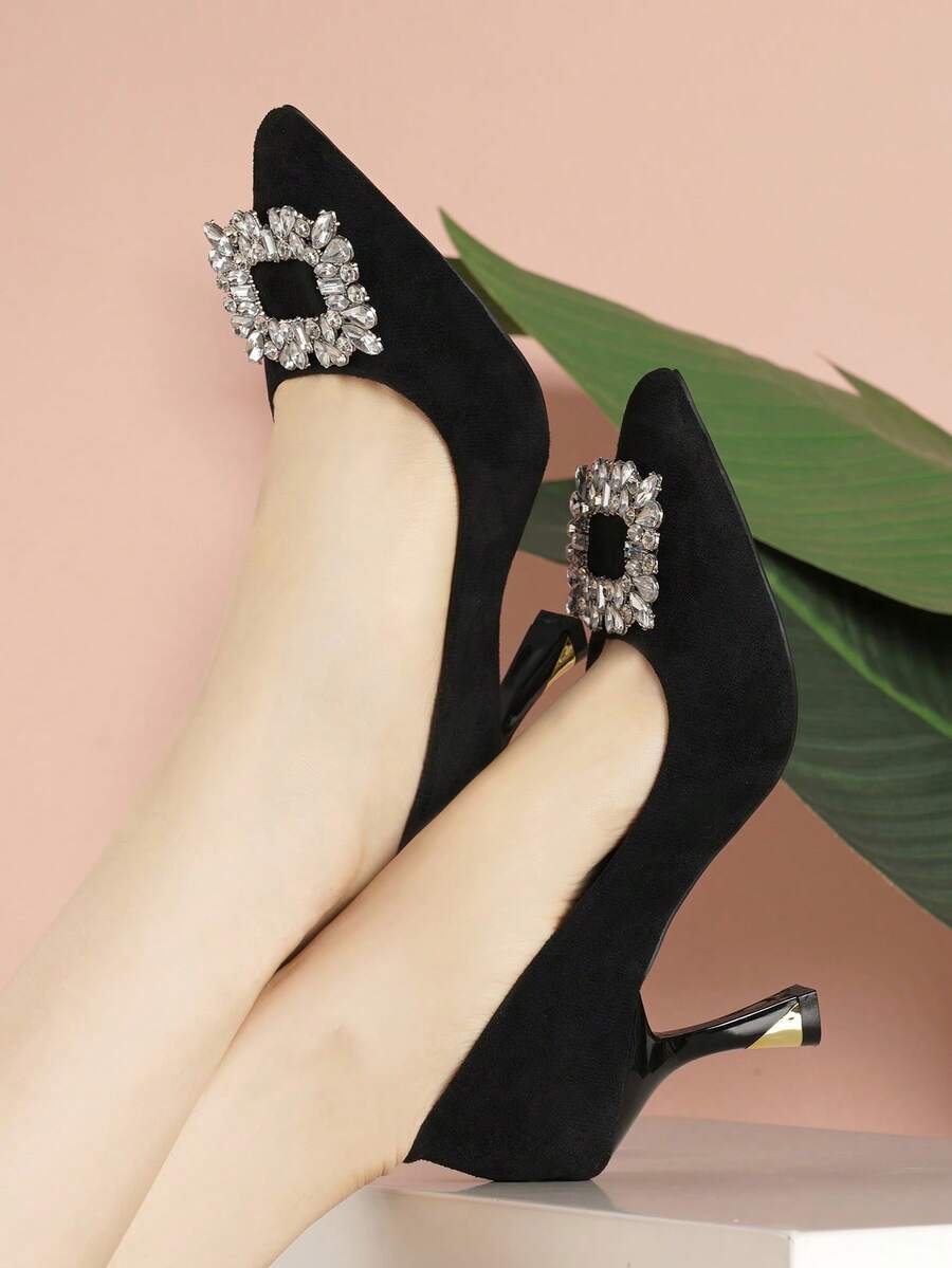 Giày cao gót mũi nhọn, hở gót, chất liệu da lộn màu đen cao cấp đính đá lấp lánh dành cho nữ, kiểu dáng gợi cảm, thích hợp cho tiệc tùng, đi club, đám cưới, công sở và sử dụng hàng ngày, chiều cao gót 8.5cm. - màu đen - Xem 1