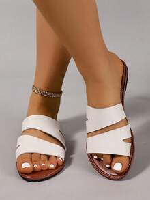 Ximi Ruo Wide Fit Rhinestone Embellished Comfortable Slippers, Korean Casual Flat Sandals For Women, Open Toe Slides For Spring, Summer, Beach, Casual Wear - White - View 2