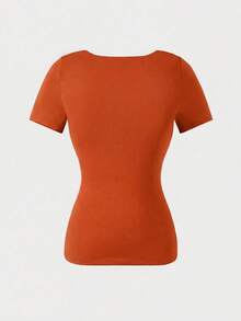 Blusa de cuello cuadrado de manga corta, de uso versátil y elegante casual para uso diario, ropa de primavera/verano - Naranja - Ver 7