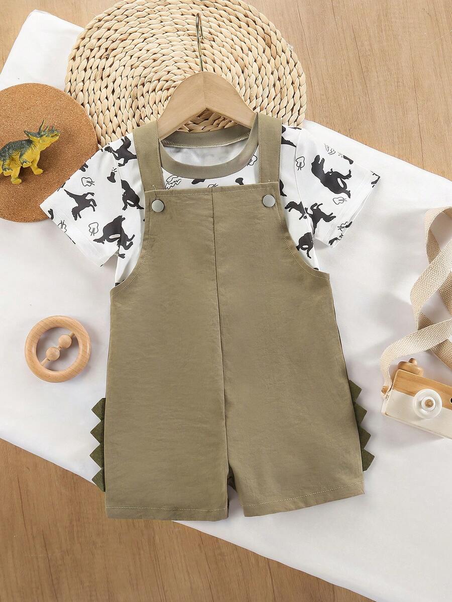 2件套幼儿/儿童恐龙全印花圆领T恤和简约锯齿形运动透气背带裤套装，男女通用 - 棕色 - 查看 1