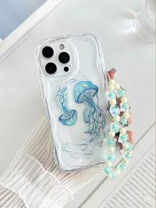 Cream Wavy Edge Jellyfish Painted Anti-Drop Phone Case With Beaded Bracelet Accessory, Compatible With IPhone 17pro/17Air /17/17promax16/11/16pro/16plus/16promax/16e/15Promax/13/1/12/XS/XR/7G/8P, Compatible With Samsung Galaxy S26/S26PLUS/S26 Ultra A17/A07/S25/S25PLUS/S25 Ultra/A16/A36/A26/A56/A50/A12/A32 Protective Phone Case - Multicolor - View 1