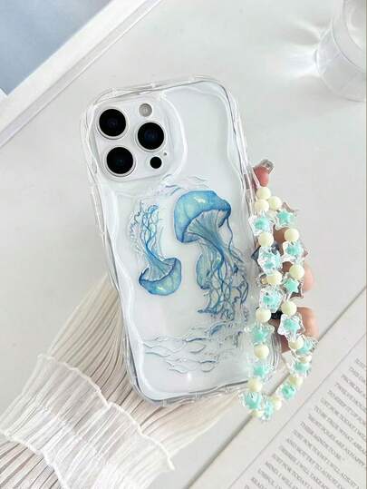 Cream Wavy Edge Jellyfish Painted Anti-Drop Phone Case With Beaded Bracelet Accessory, Compatible With IPhone 17pro/17Air /17/17promax16/11/16pro/16plus/16promax/16e/15Promax/13/1/12/XS/XR/7G/8P, Compatible With Samsung Galaxy S26/S26PLUS/S26 Ultra A17/A07/S25/S25PLUS/S25 Ultra/A16/A36/A26/A56/A50/A12/A32 Protective Phone Case