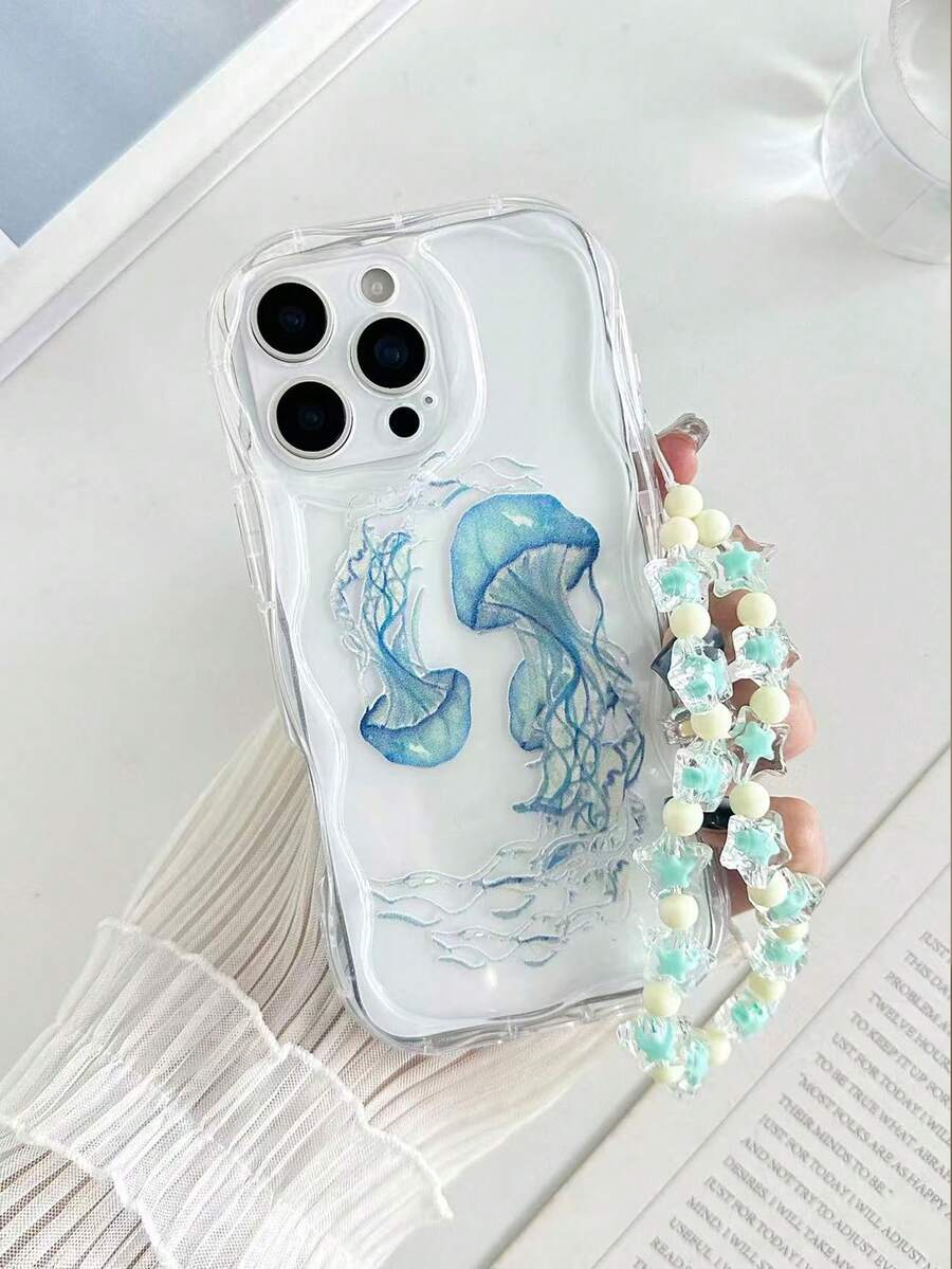 Cream Wavy Edge Jellyfish Painted Anti-Drop Phone Case With Beaded Bracelet Accessory, Compatible With IPhone 17pro/17Air /17/17promax16/11/16pro/16plus/16promax/16e/15Promax/13/1/12/XS/XR/7G/8P, Compatible With Samsung Galaxy S26/S26PLUS/S26 Ultra A17/A07/S25/S25PLUS/S25 Ultra/A16/A36/A26/A56/A50/A12/A32 Protective Phone Case - Multicolor - View 1
