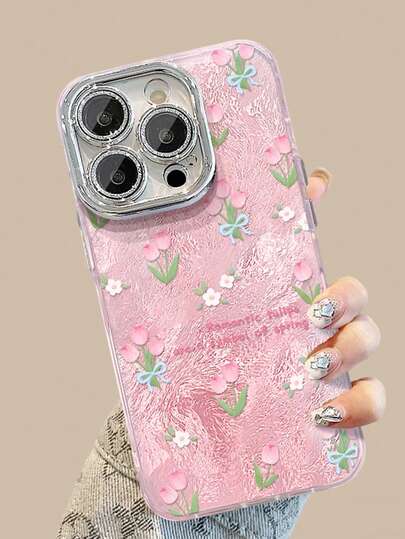 1 pieza Funda protectora de cadena de tulipán rosa, funda de teléfono a prueba de golpes para todo el Body adecuada para iPhone 11/12/13/14/15/16/17/Pro Max